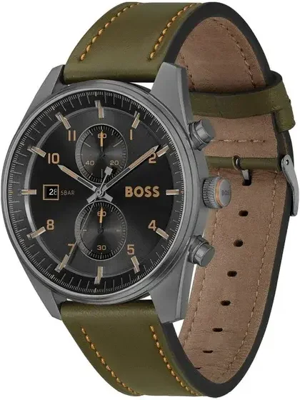 Montre Homme Hugo Boss 1514148 Skytraveller Chronographe Cadran Noir Acier Bracelet Cuir Kaki vue 2