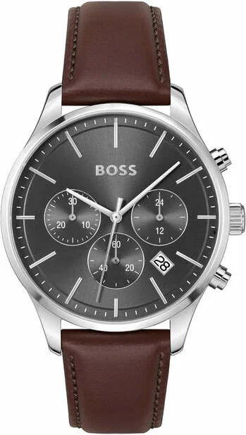 Montre Homme Hugo Boss 1514155 Quartz - Boîtier Acier 42mm, Cadran Gris Anthracite, Bracelet Cuir Marron