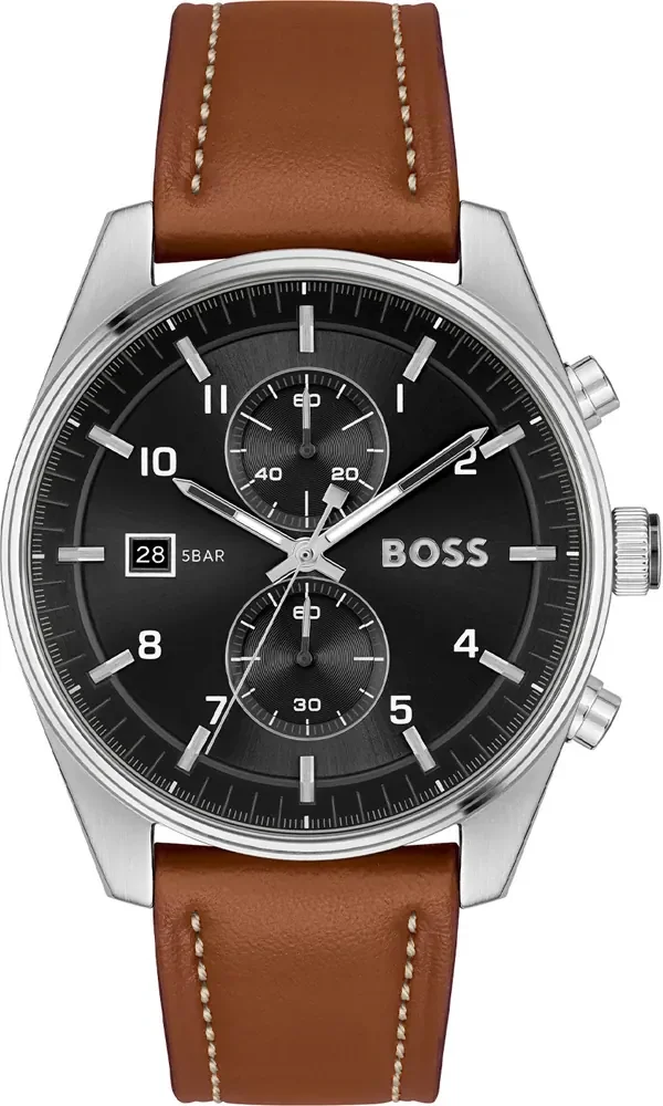 Montre Homme Hugo Boss 1514161 Skytraveller Chronographe Cadran Noir Acier Cuir Marron