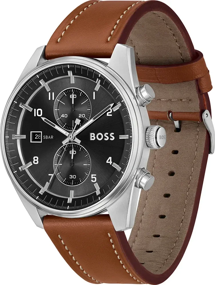 Montre Homme Hugo Boss 1514161 Skytraveller Chronographe Cadran Noir Acier Cuir Marron vue 2