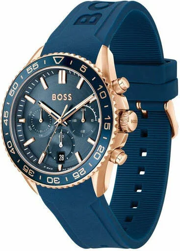 Montre Homme Hugo Boss Runner 1514169 - Boîtier bicolore Silicone/doré rose, cadran et bracelet bleu vue 2