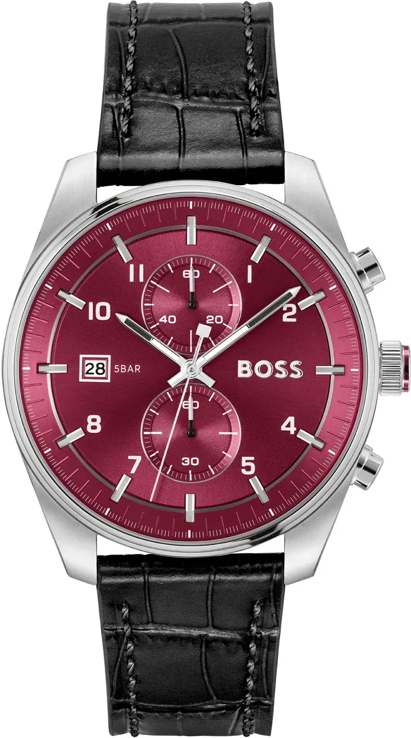 Montre Homme Hugo Boss 1514193 Skytraveller - Cadran Rouge Soleillé, Boîtier Acier, Bracelet Cuir Noir Croco