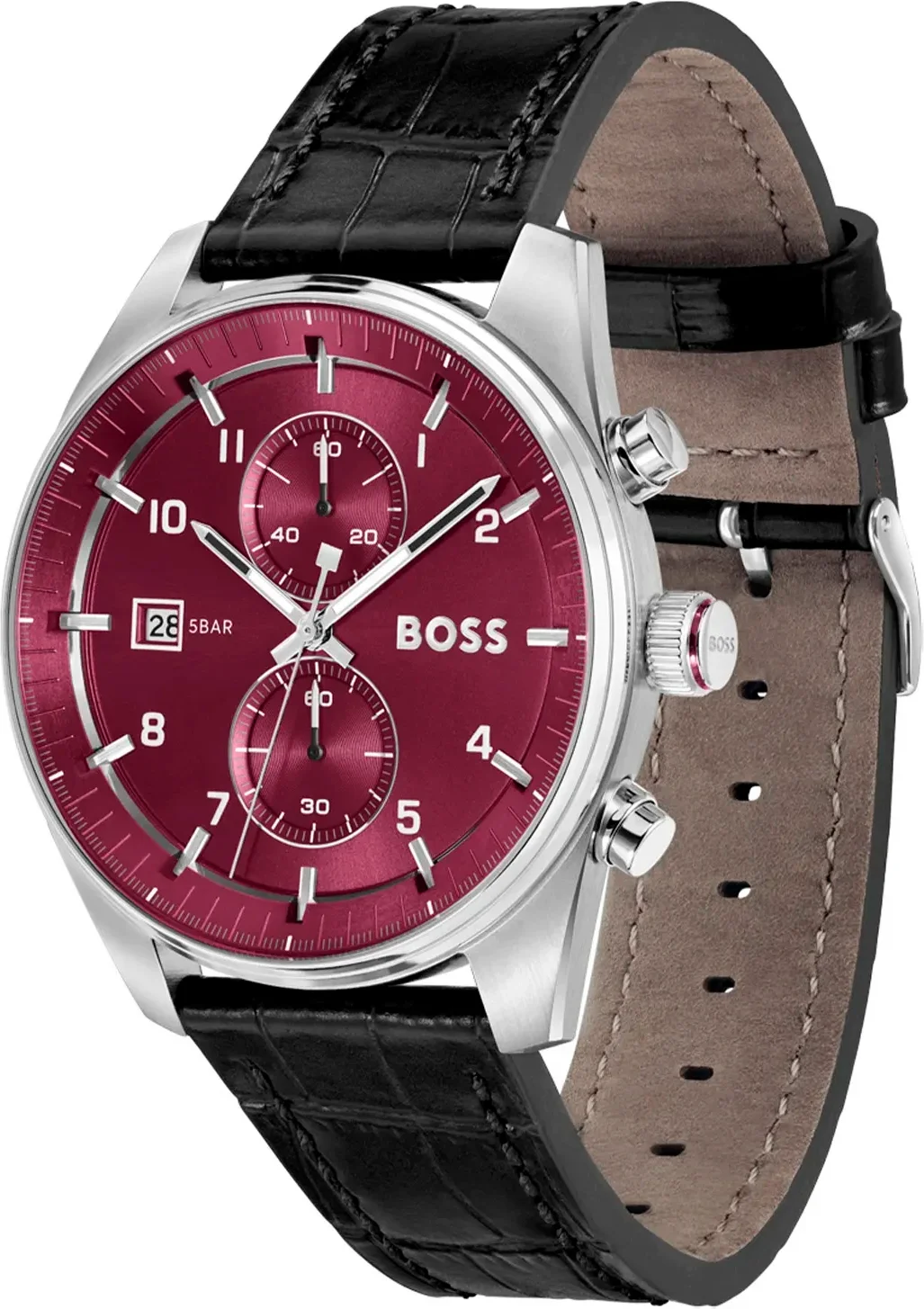 Montre Homme Hugo Boss 1514193 Skytraveller - Cadran Rouge Soleillé, Boîtier Acier, Bracelet Cuir Noir Croco vue 2