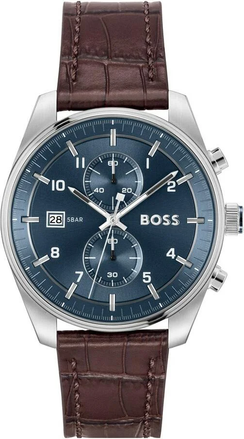 Montre Homme Hugo Boss 1514194 Skytraveller Chronographe Cadran Bleu Acier Bracelet Cuir Marron