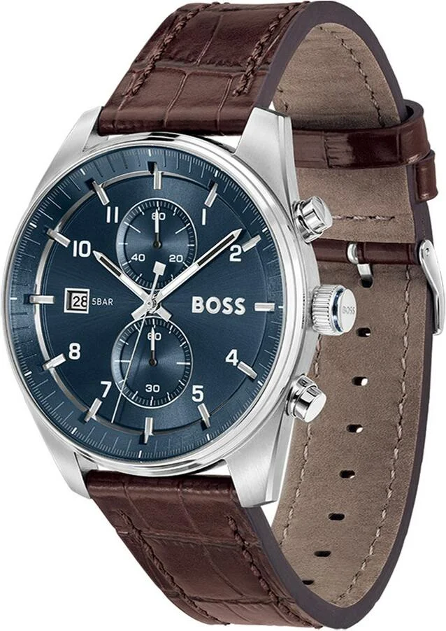 Montre Homme Hugo Boss 1514194 Skytraveller Chronographe Cadran Bleu Acier Bracelet Cuir Marron vue 2