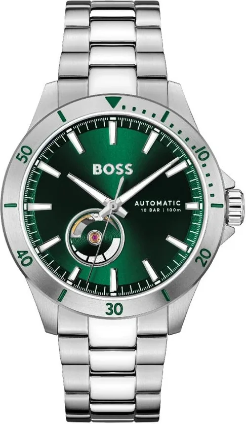 Montre Homme Hugo Boss Troper Automatique 1514200 - Cadran Vert, Boîtier et Bracelet Acier Argenté