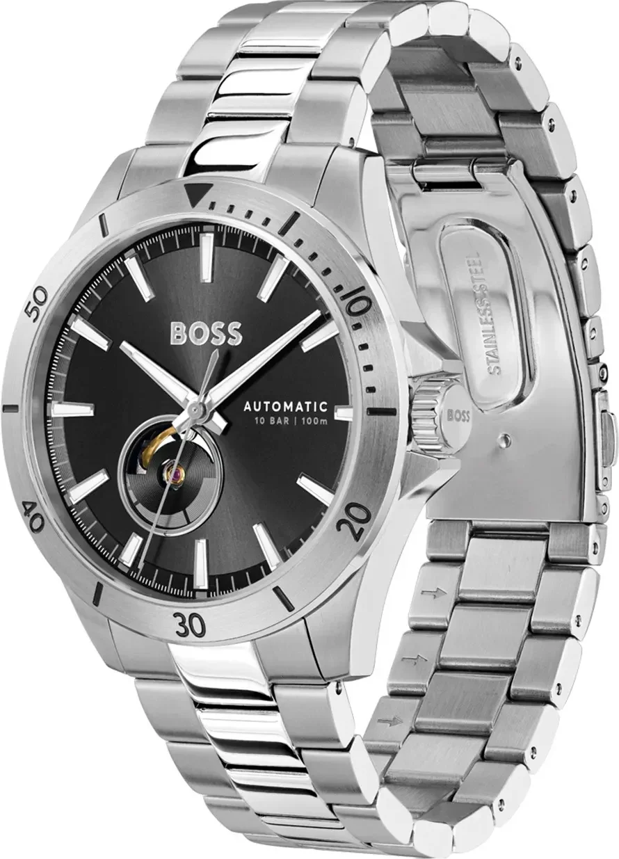 Montre Homme Hugo Boss Troper Automatique 1514202 - Boîtier et bracelet acier argenté, cadran noir Open Heart vue 2