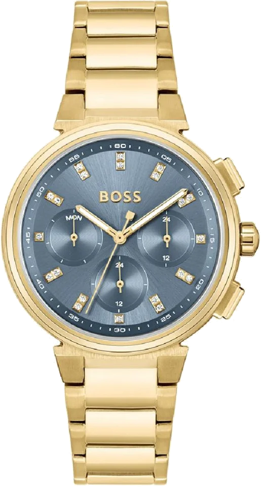 Montre Hugo Boss One 1502677 pour Femme - Cadran Bleu Cristaux, Bracelet Acier Doré