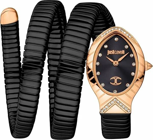 Montre Femme Just Cavalli JC1L248M0085 Signature Snake - Cadran Noir, Acier Noir et Or Rose