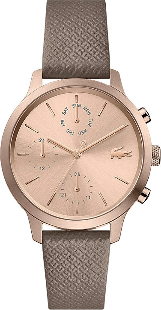 Montre Femme Lacoste 12.12 Réf. 2001150 - Cadran Or Rose Multifonctions, Bracelet Cuir Marron