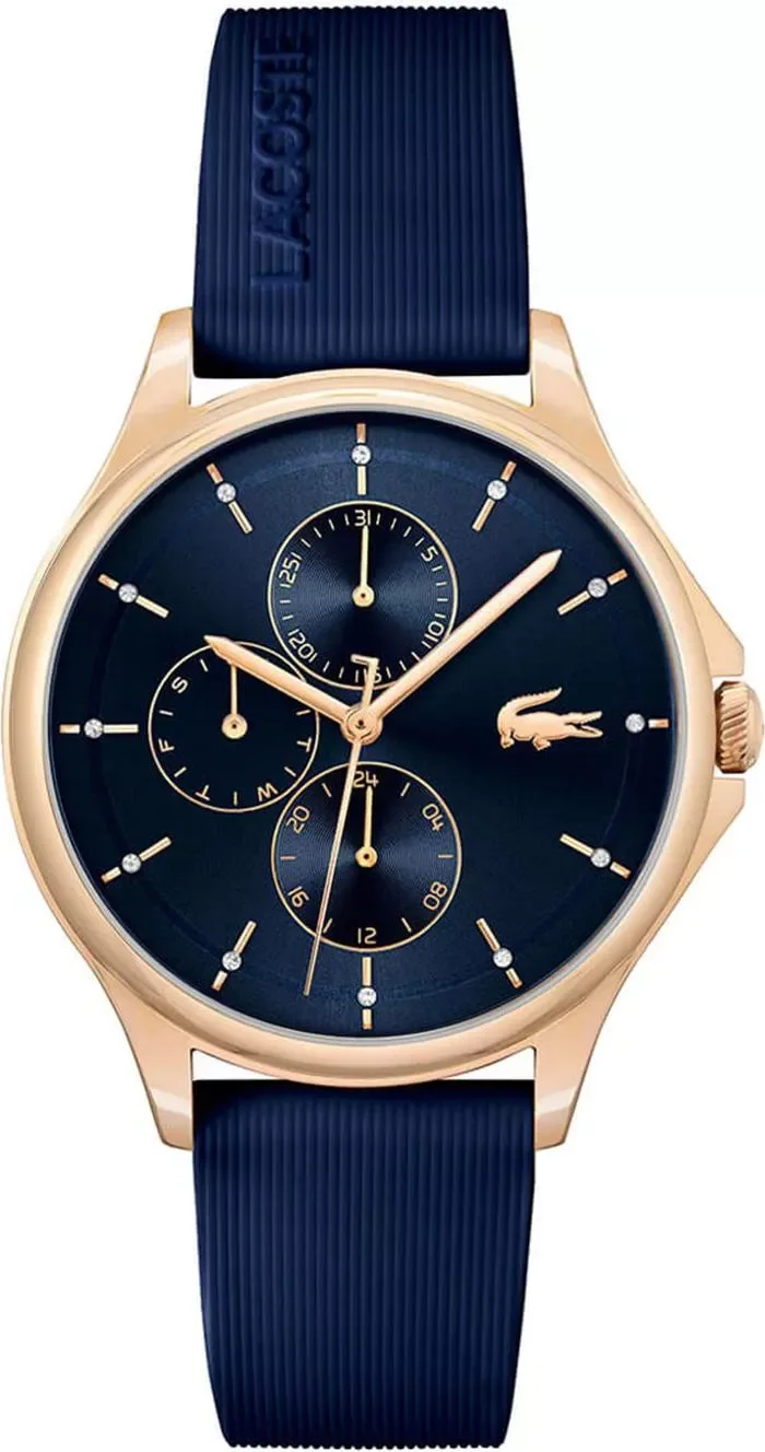 Montre Femme Lacoste Pleats 2001236, Boîtier Or Rose, Cadran Bleu Multifonctions, Bracelet Silicone Bleu Marine