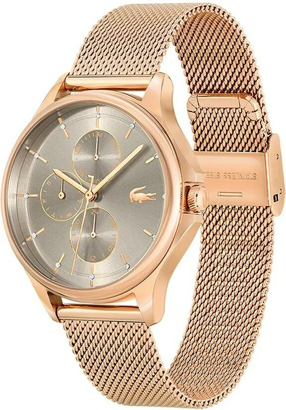 Montre Femme Lacoste Pleats 2001238 - Cadran Multifonctions Gris, Boîtier et Bracelet Maille Milanaise Or Rose vue 2