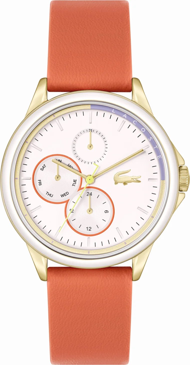 Montre Lacoste Skyhook 2001338 pour Femme - Cadran blanc multifonctions, bracelet cuir orange