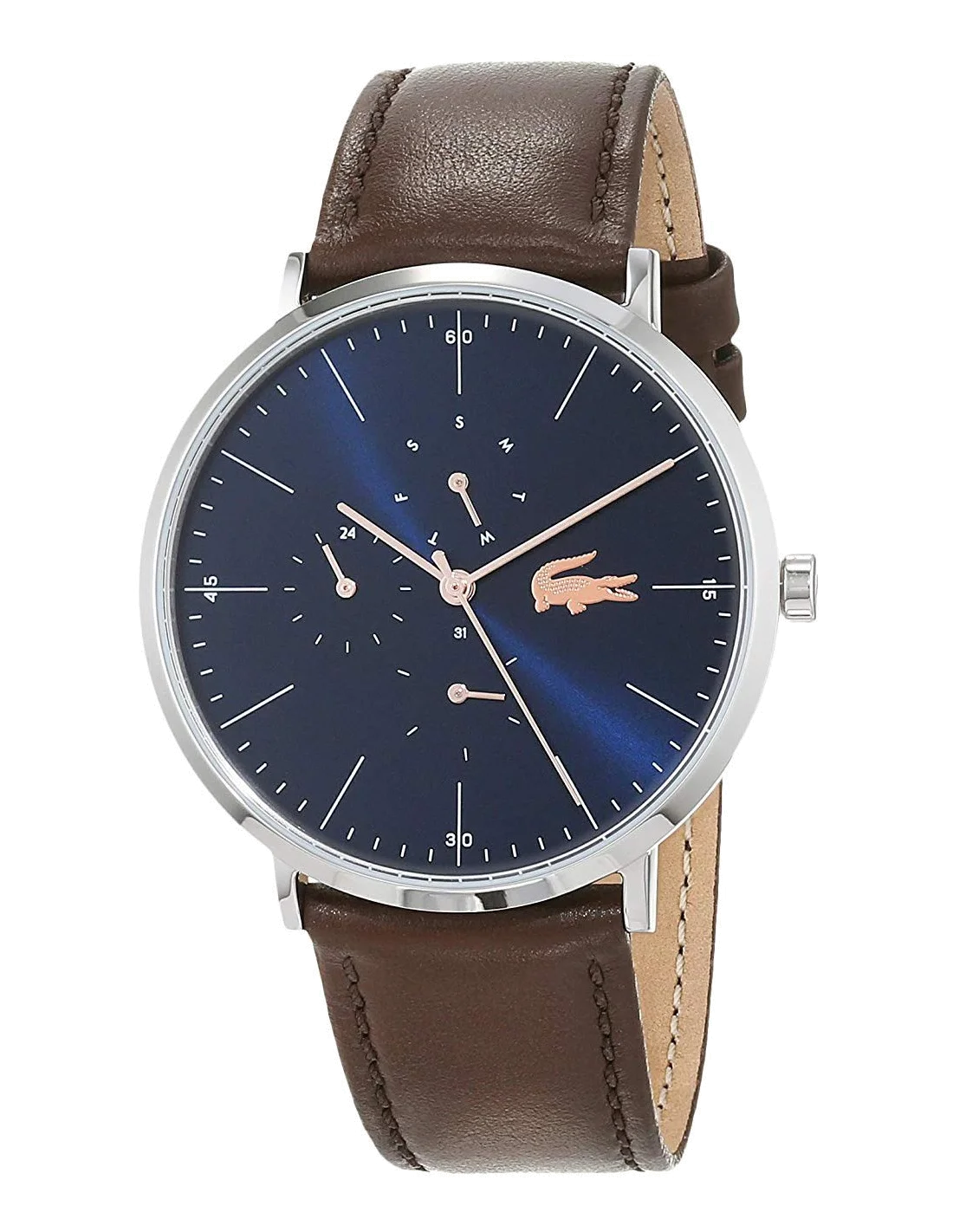 Montre Homme Lacoste Moon 2010976 - Cadran Bleu, Boîtier Acier Argenté, Bracelet Cuir Marron