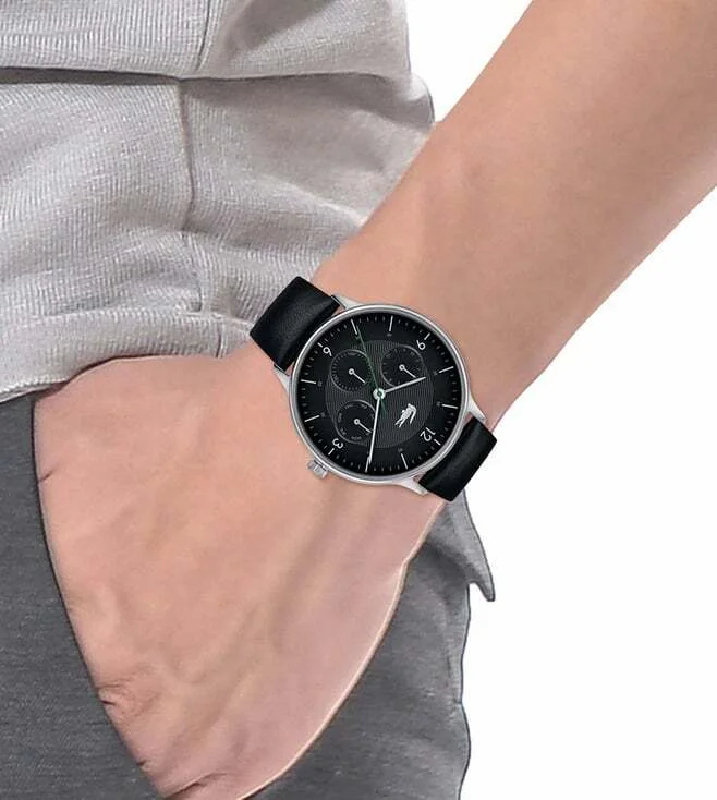 Montre Lacoste Homme Réf. 2011139 - Boîtier Acier Argenté, Cadran Noir Multifonctions, Bracelet Cuir Noir vue 4