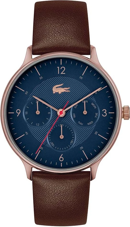 Montre Lacoste Homme Réf. 2011141 - Cadran Bleu Multifonctions, Bracelet Cuir Marron