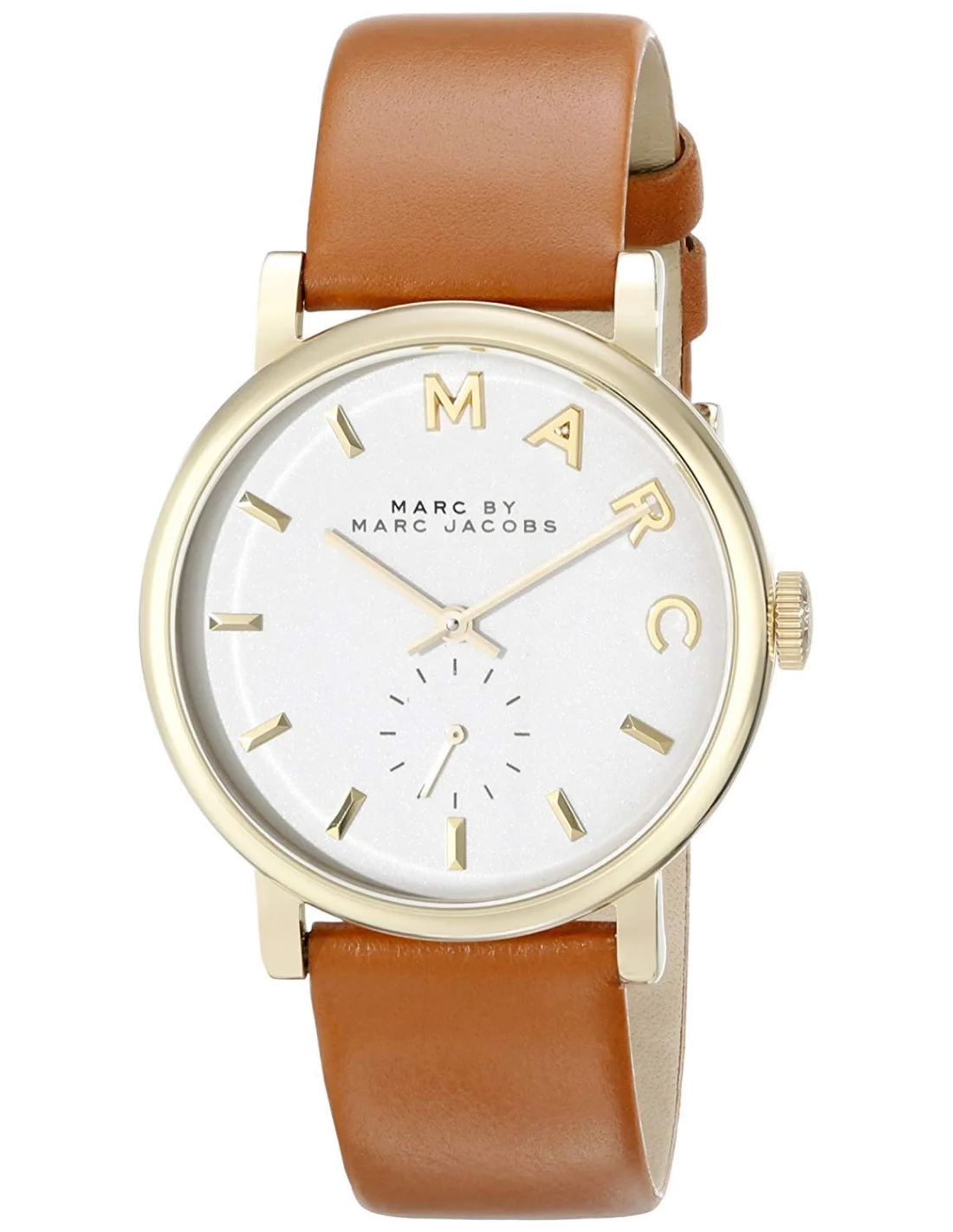 Montre femme Marc Jacobs Baker MBM1316, boîtier or et cadran blanc, bracelet cuir marron