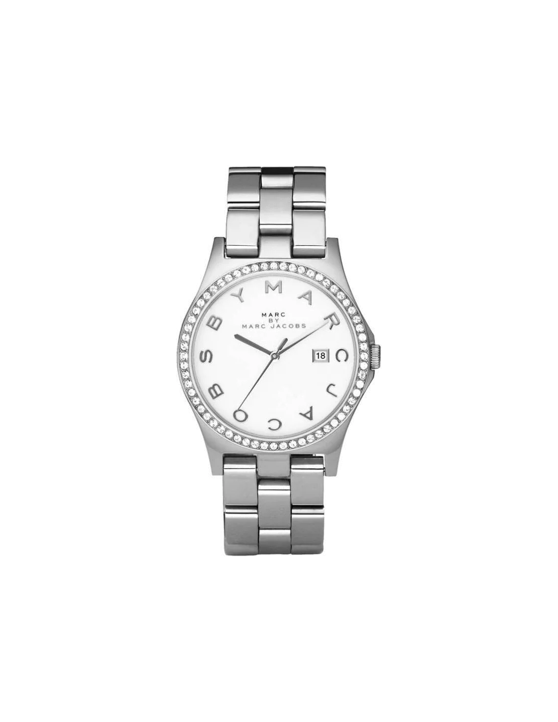 Montre Femme Marc Jacobs Henry MBM3044 Cadran Blanc Acier Argenté Lunette Strass