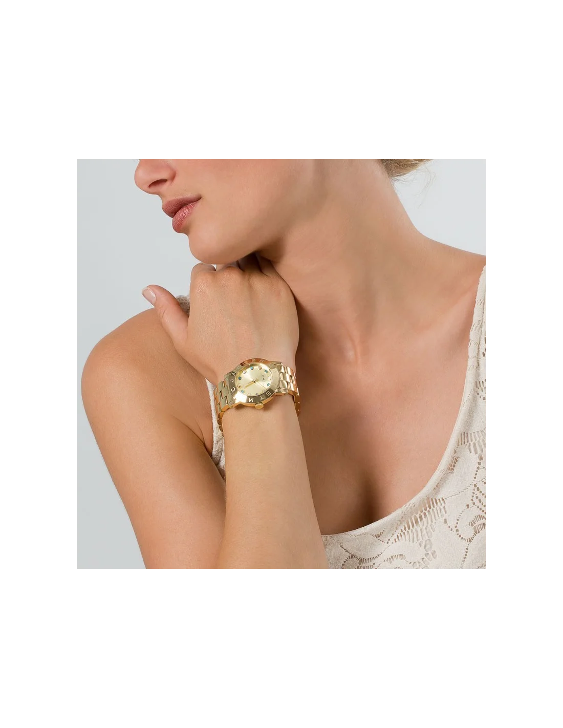 Montre Femme Marc Jacobs Amy MBM3215 en Acier Doré avec Cristaux Bleus vue 4