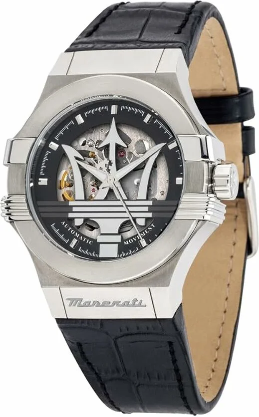 Montre Homme Maserati Potenza R8821108001 Automatique Squelette Cadran Argent Bracelet Cuir Noir