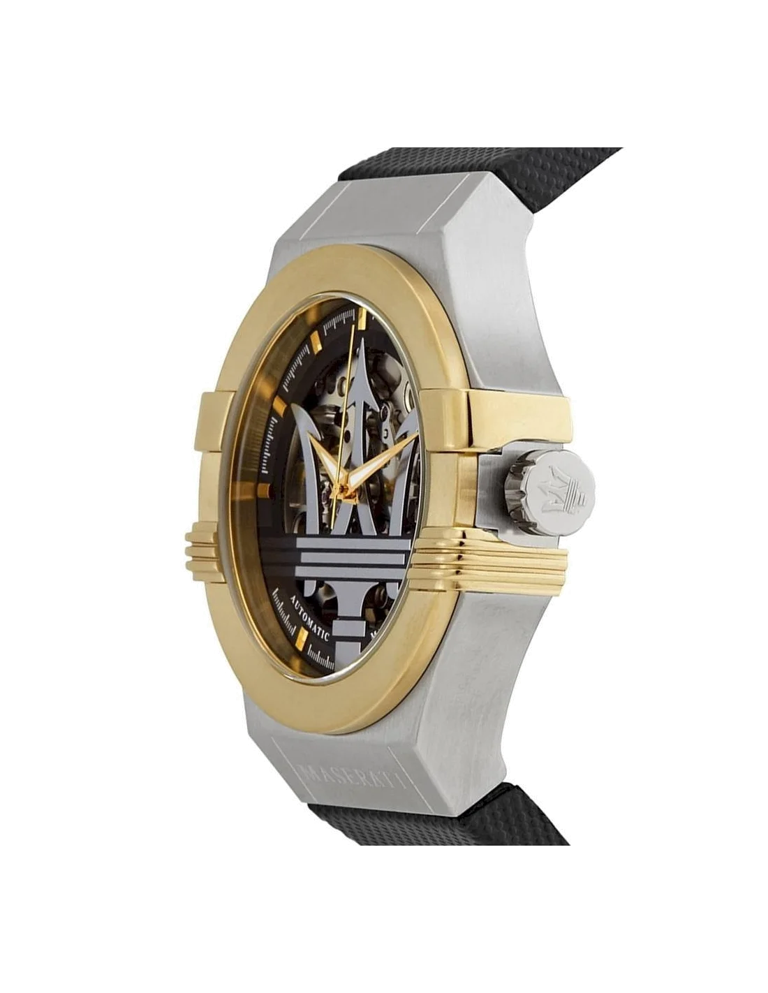 Montre automatique squelette Maserati Potenza R8821108011 - Boîtier or, cadran argent, bracelet cuir noir - Homme vue 2