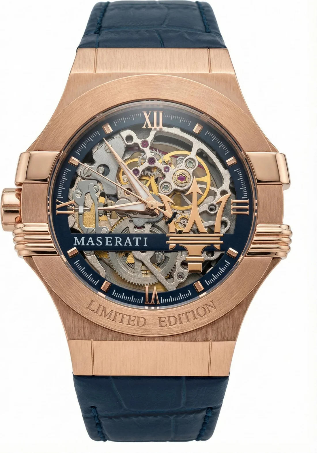 Montre Homme Maserati R8821108022 Automatique Squelette - Boîtier Or Rose, Cadran Squelette, Bracelet Cuir Bleu