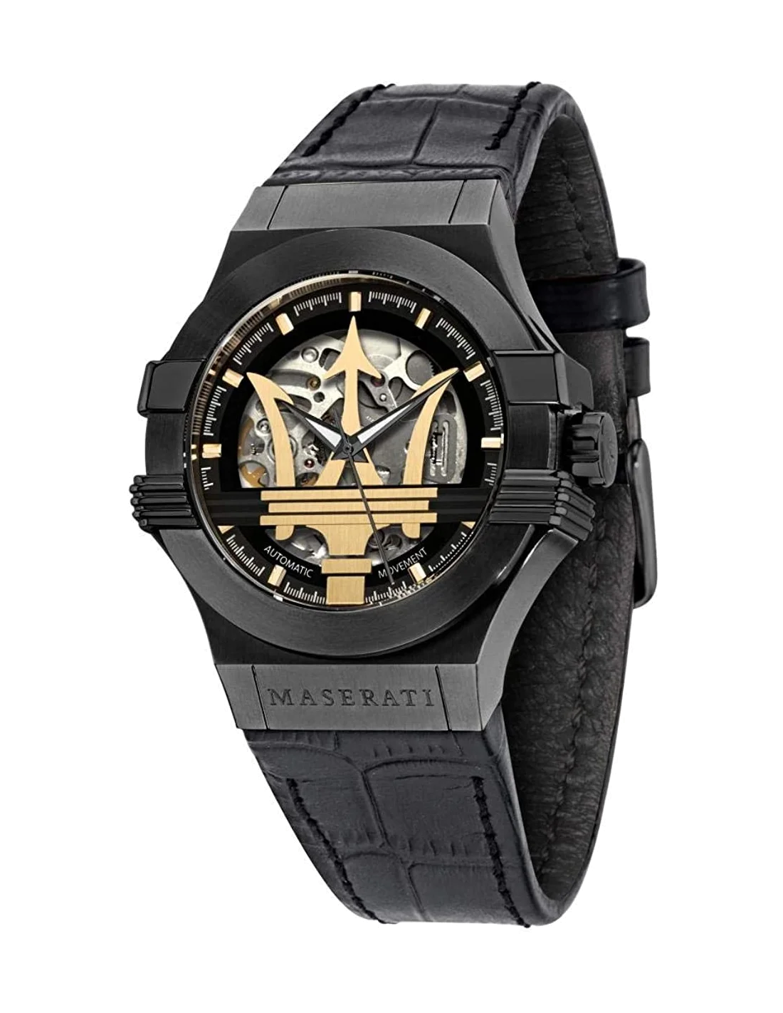 Montre Homme Maserati Potenza R8821108027 Automatique Squelette - Boîtier Noir, Cadran Doré, Bracelet Cuir