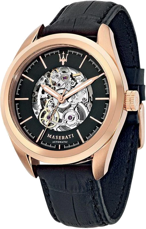 Montre Homme Maserati Traguardo R8821112001, boîtier or rose, cadran squelette noir, bracelet cuir