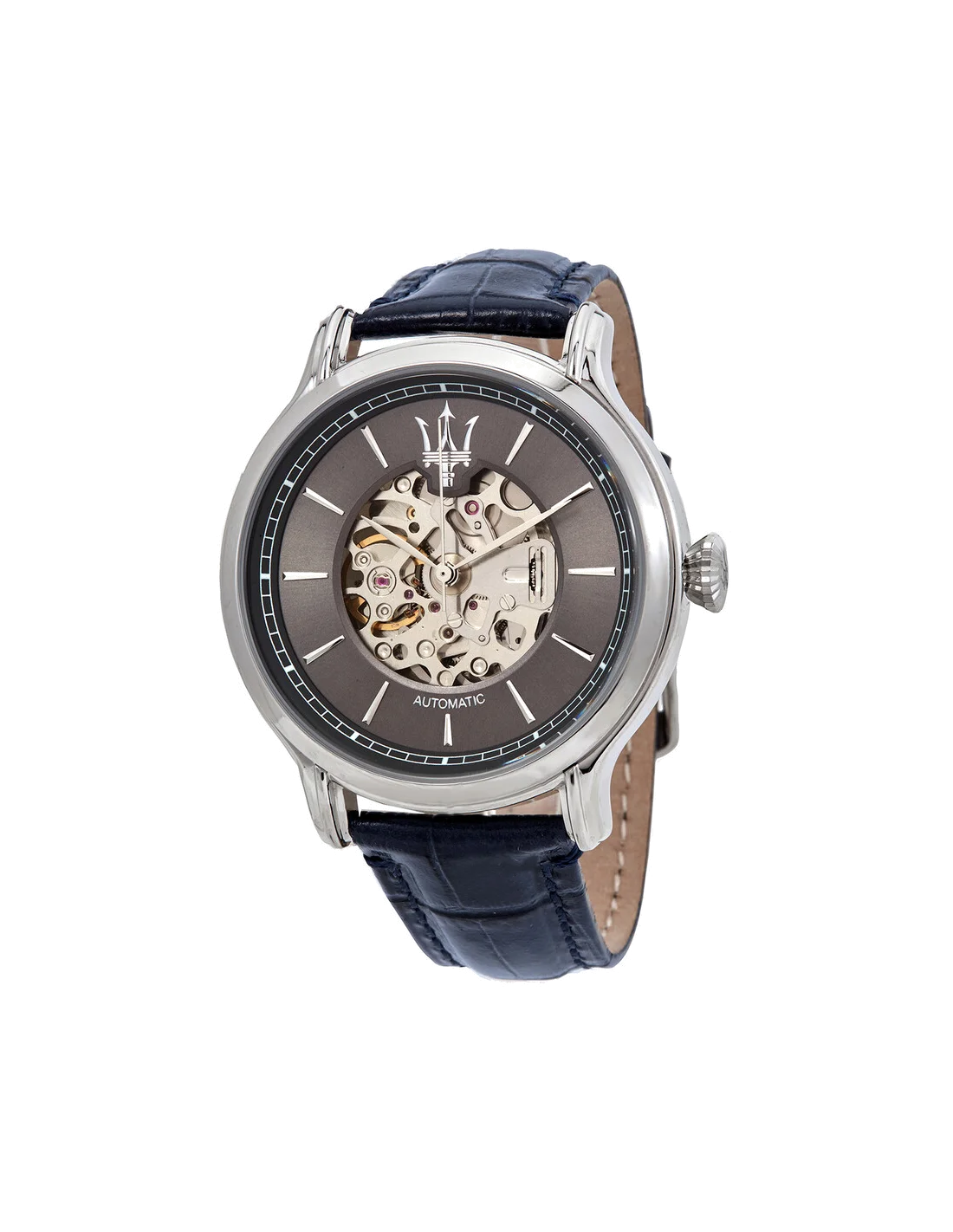 Montre automatique Maserati Epoca R8821118002 Homme - Cadran squelette gris, boîtier acier 42mm, bracelet cuir bleu