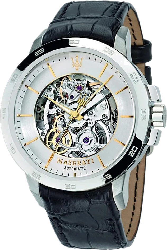 Montre Homme Maserati Ingegno Automatique Squelette R8821119002 - Cadran Argenté, Boîtier Argent, Bracelet Cuir Noir