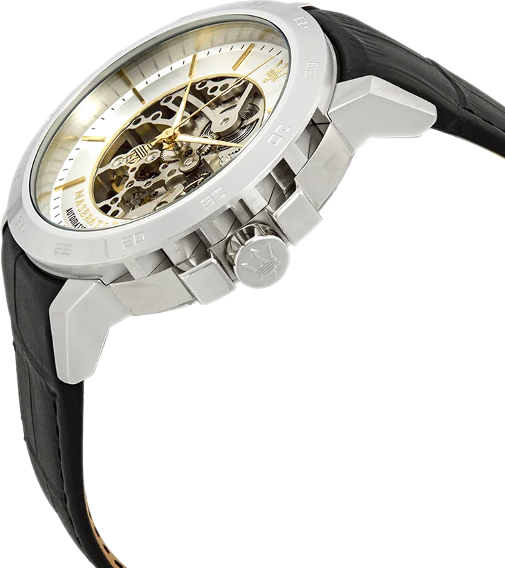 Montre Homme Maserati Ingegno Automatique Squelette R8821119002 - Cadran Argenté, Boîtier Argent, Bracelet Cuir Noir vue 2