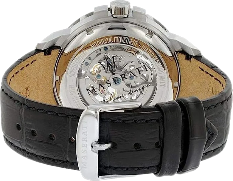 Montre Homme Maserati Ingegno Automatique Squelette R8821119002 - Cadran Argenté, Boîtier Argent, Bracelet Cuir Noir vue 3