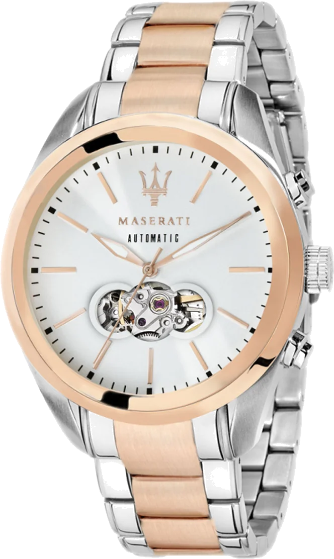 Montre Maserati Traguardo automatique squelette R8823112001 pour homme, acier argent et or rose