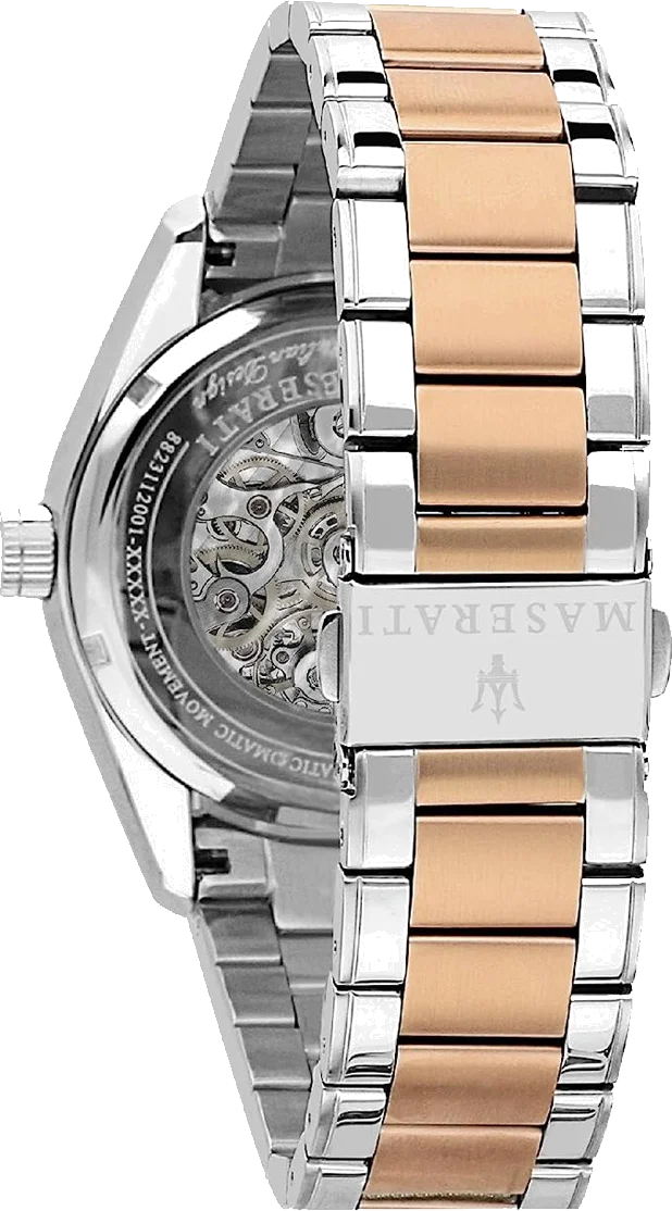 Montre Maserati Traguardo automatique squelette R8823112001 pour homme, acier argent et or rose vue 3
