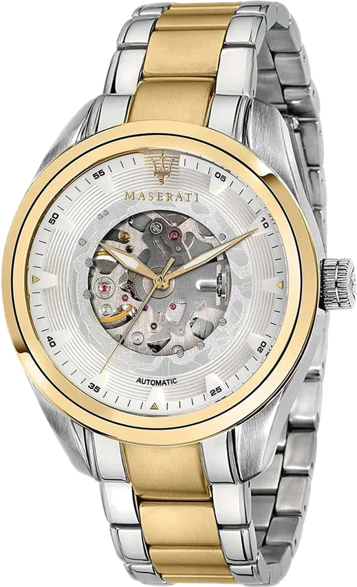 Maserati Traguardo R8823112003 - Montre squelette automatique homme - Cadran argenté, bracelet acier bicolore