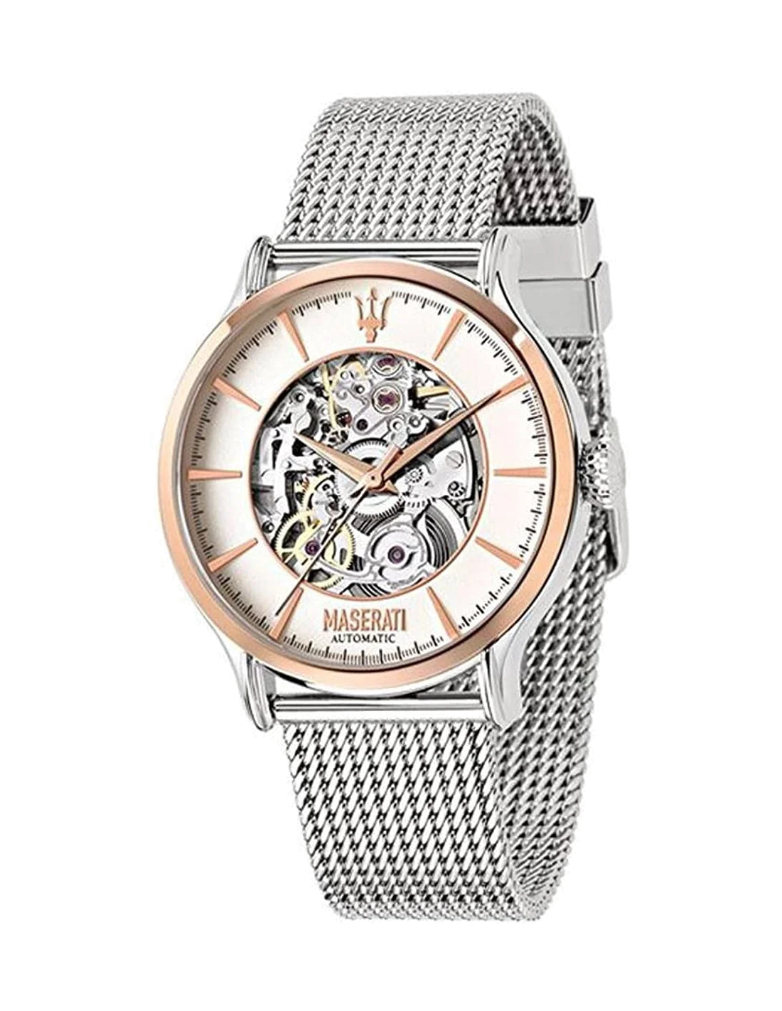Montre Homme Maserati Epoca R8823118001 Automatique Squelette, Boîtier Acier 42mm, Maille Milanaise Argent