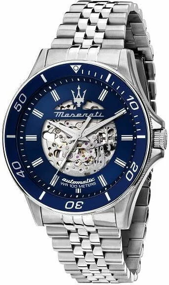Montre Homme Maserati Automatique Squelette Acier Argenté Cadran Bleu R8823140011
