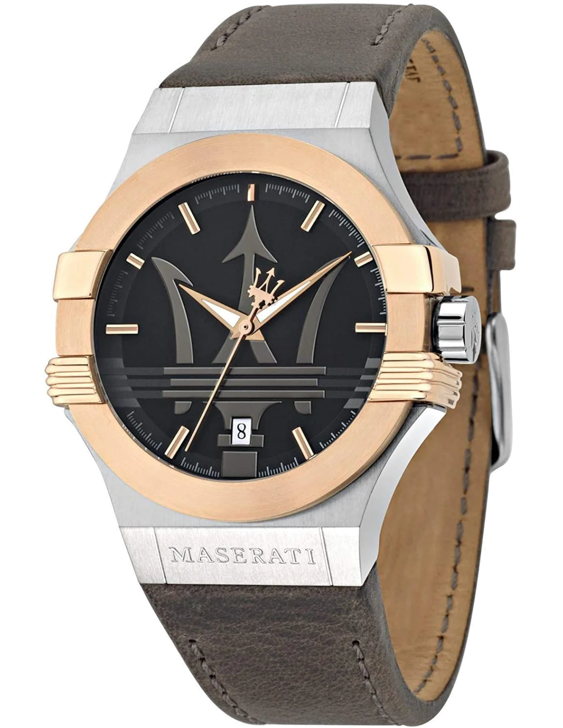 Montre Homme Maserati Potenza R8851108014, cadran noir, boîtier argent, bracelet cuir marron