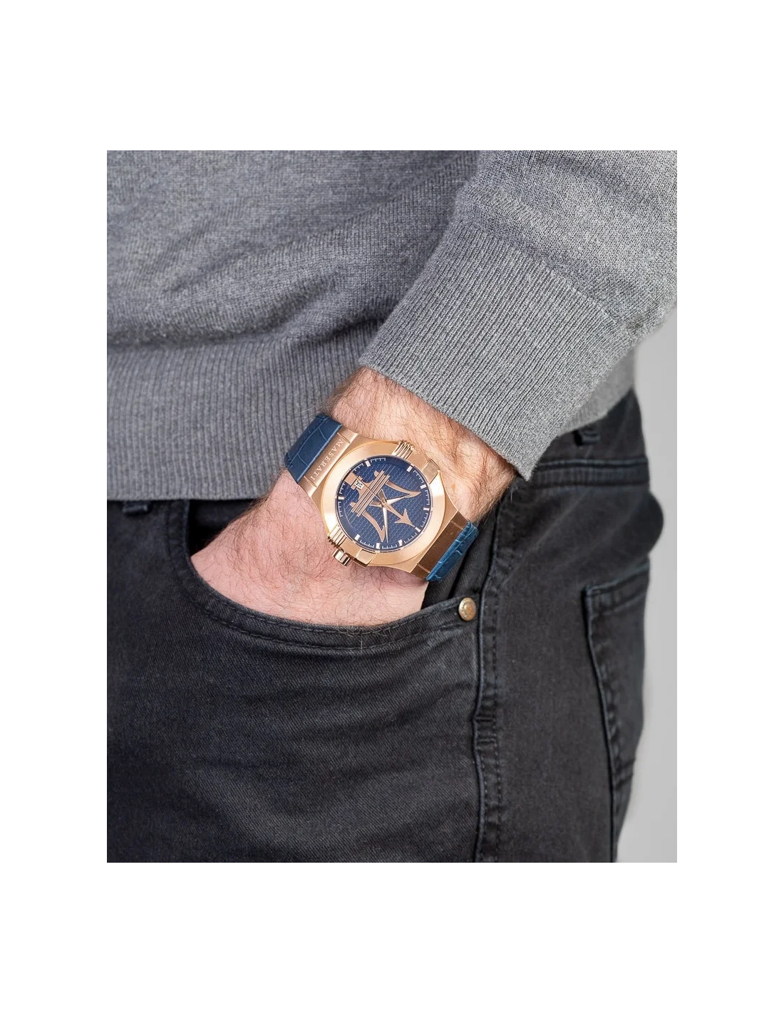 Montre Homme Maserati Potenza R8851108027, Cadran Noir, Boîtier Or Rose, Bracelet Cuir Bleu vue 4