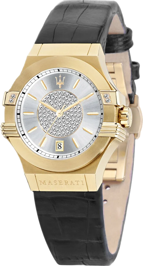 Montre Femme Maserati Potenza R8851108505 Quartz Cadran Argenté Boîtier Or Bracelet Cuir Noir