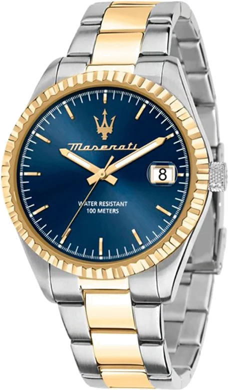 Montre Maserati R8853100027 pour Homme - Acier Bicolore Argent/Or, Cadran Bleu Soleillé