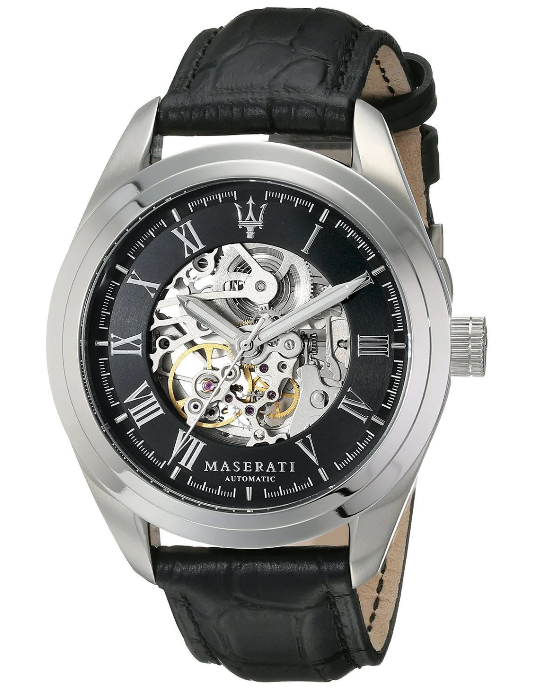 Montre Homme Maserati Traguardo R8871612001 Cadran squelette automatique, boîtier acier et bracelet cuir noir