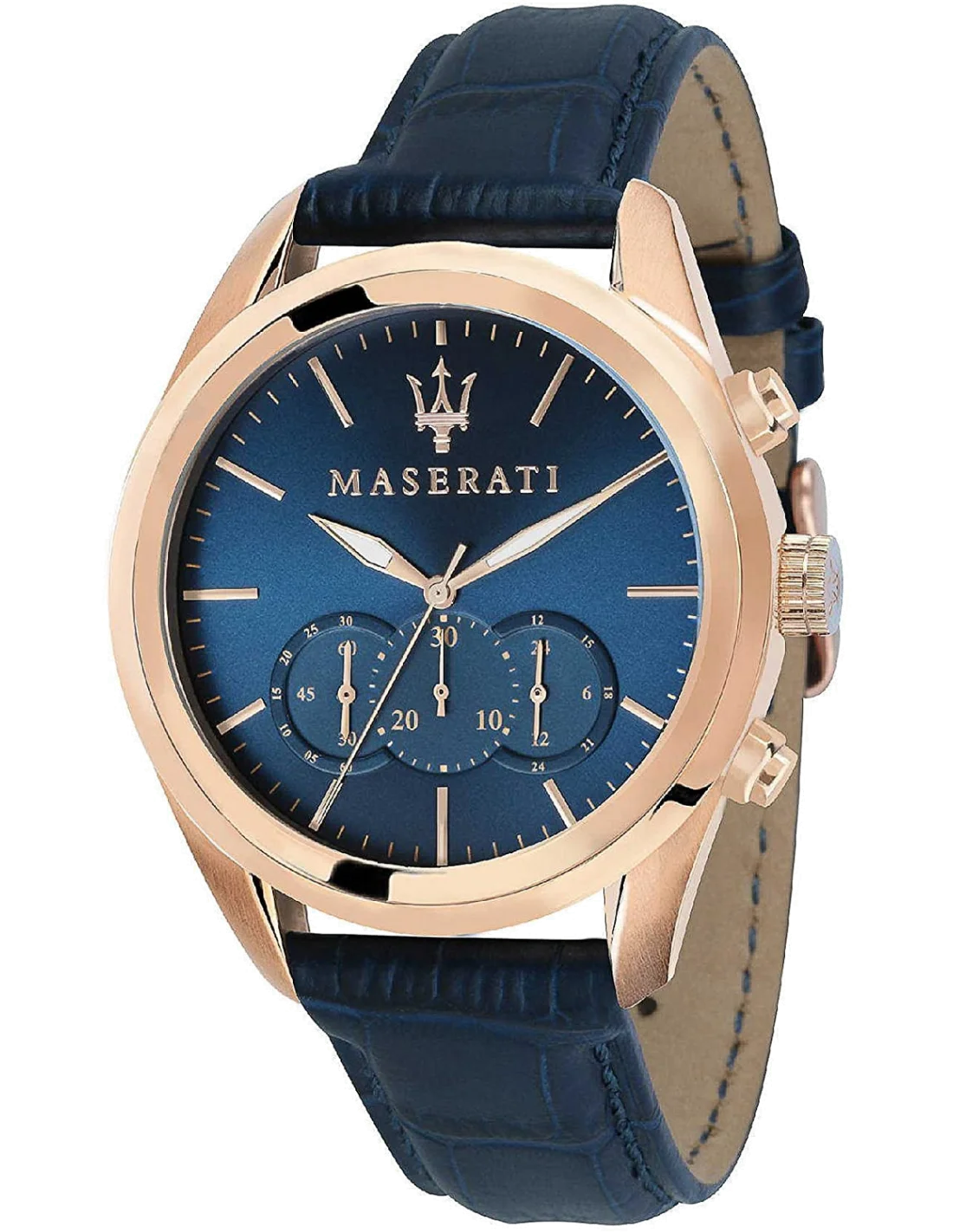Montre Homme Maserati Traguardo R8871612015 - Boîtier Acier Or Rose, Cadran et Bracelet Cuir Bleu