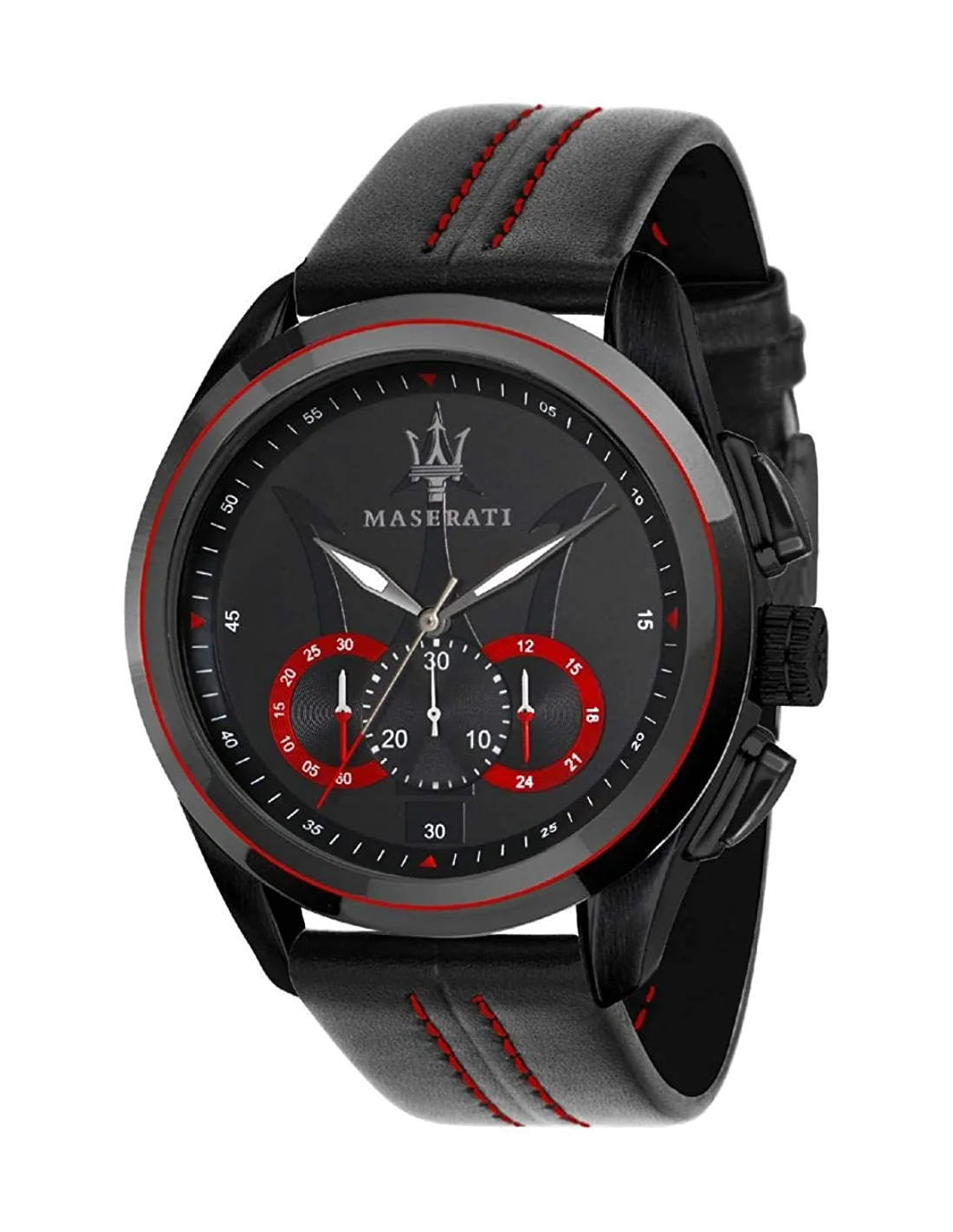 Montre Homme Maserati Traguardo R8871612023 Cadran Noir Boîtier Acier Bracelet Cuir Noir Surpiqûres Rouges