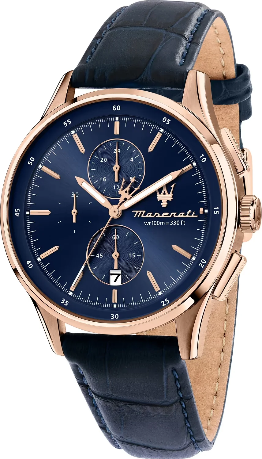 Montre Homme Maserati Sorpasso R8871624009 - Boîtier Acier Or Rose, Cadran et Bracelet Cuir Bleu