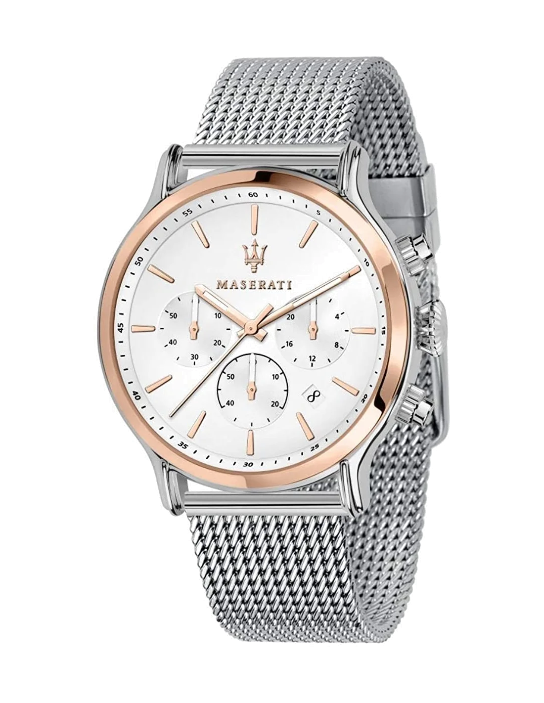 Montre Homme Maserati Epoca R8873618009, cadran argent et or rose, bracelet maille milanaise