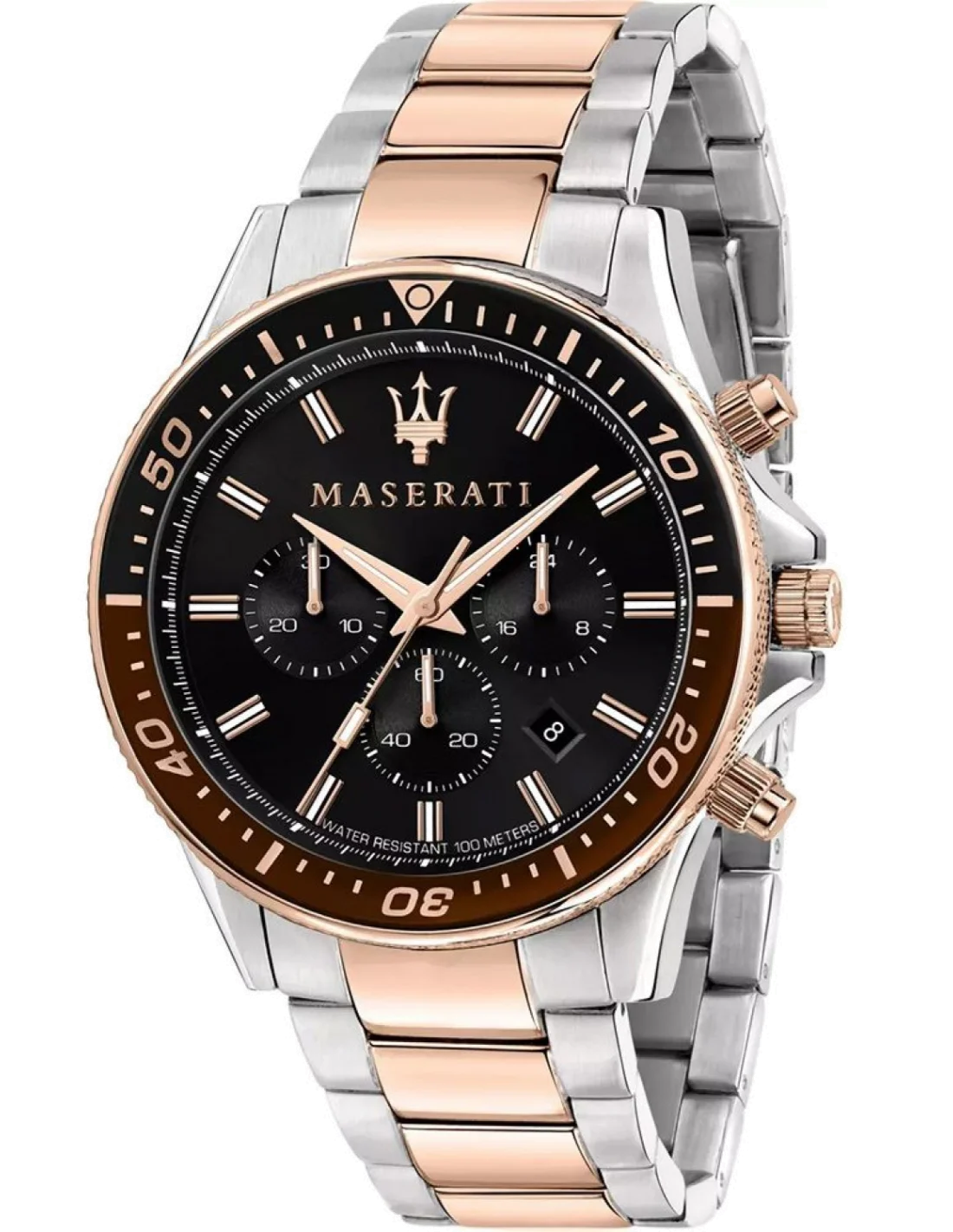 Montre Homme Maserati Sfida R8873640009 - Cadran Noir 44mm, Bracelet Acier Bicolore Argent/Or Rose