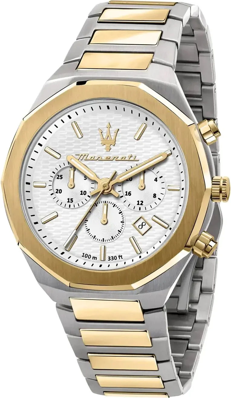 Montre Homme Maserati Stile R8873642009 - Boîtier Acier Bicolore 45mm, Cadran Blanc Multifonctions