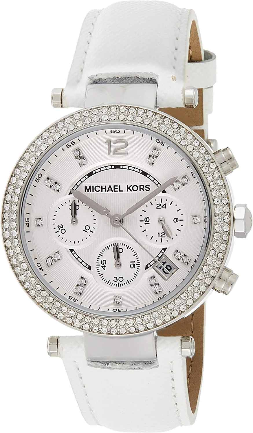 Montre Femme Michael Kors MK2277 - Cadran Blanc, Bracelet Cuir Blanc, Lunette Cristaux