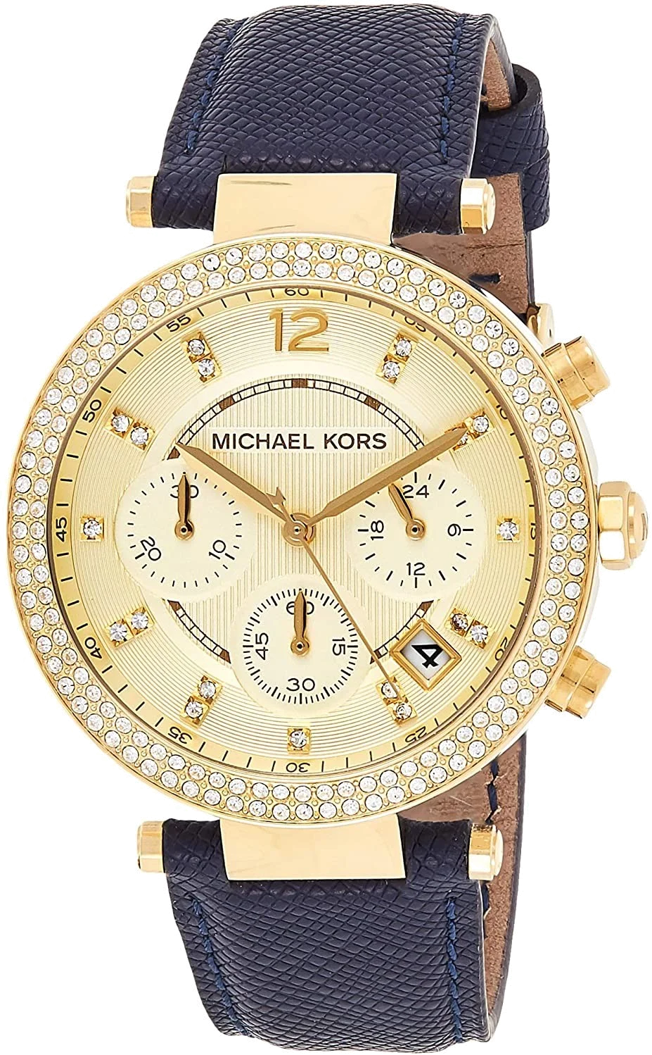 Montre Femme Michael Kors MK2280 Chronographe Acier Doré & Cadran Doré sur Bracelet Cuir Bleu Marine